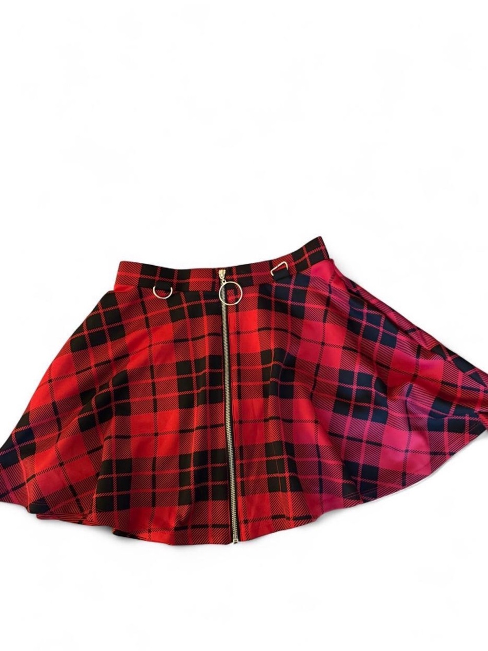 Hot Topic Red and Black Plaid Zip-Front Mini Skirt